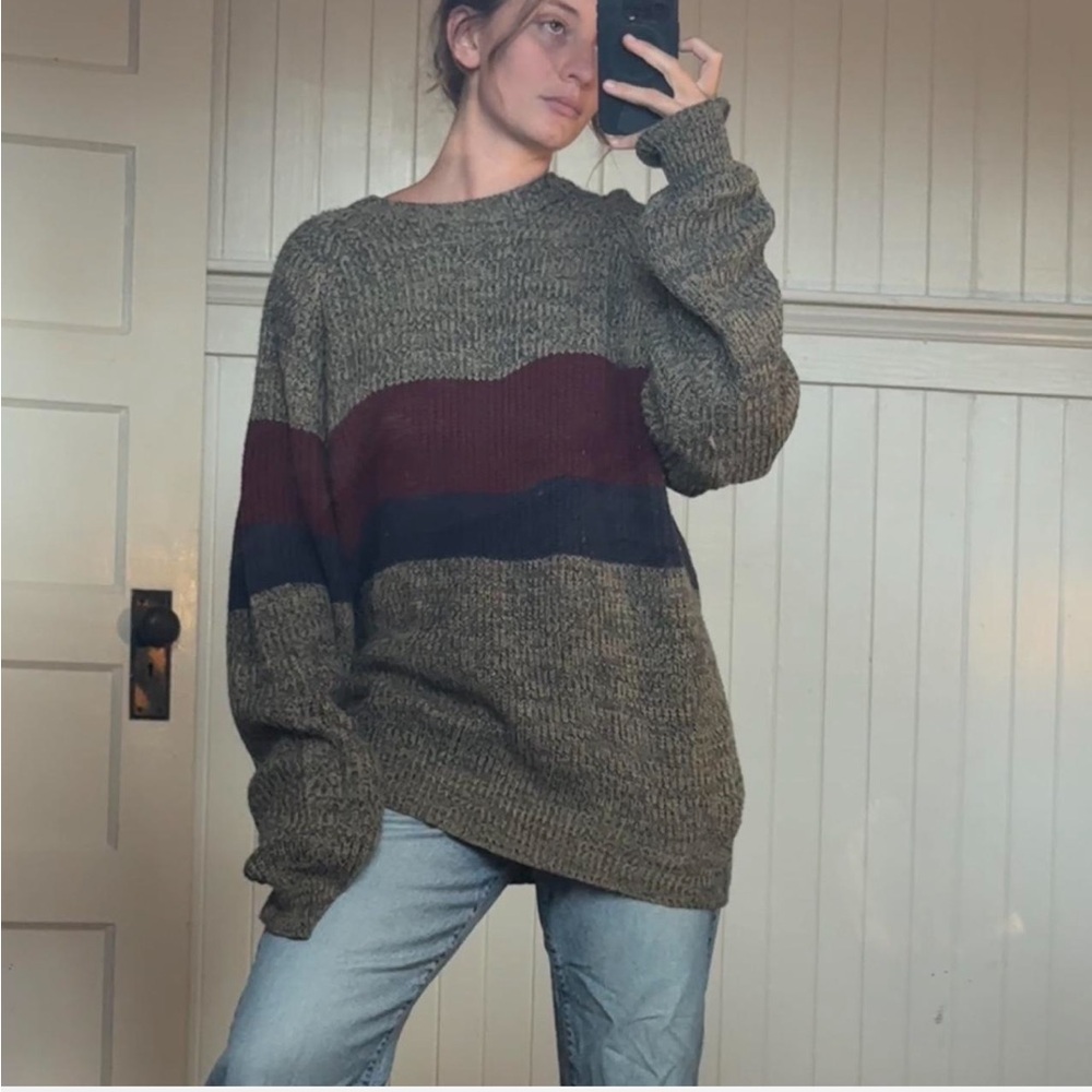 Olive and Burgundy Striped Crew Neck Sweater
